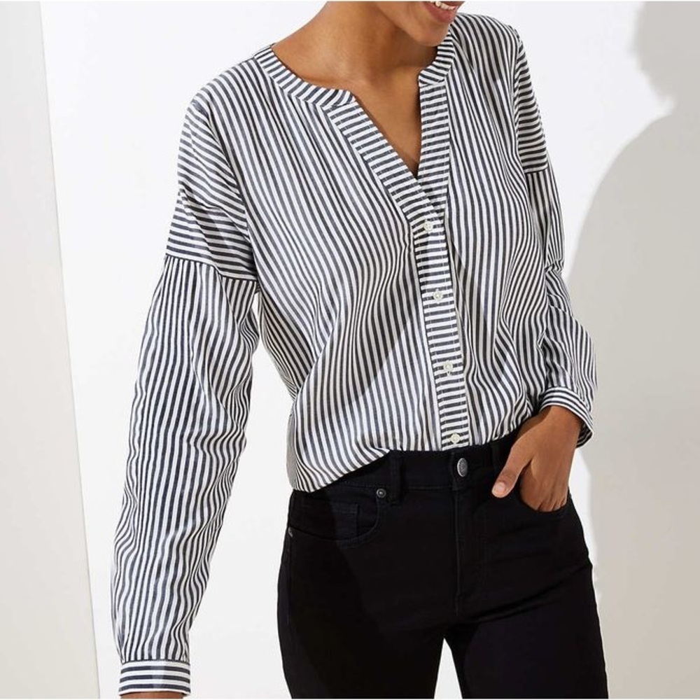 Loft Mixed Stripe Split Neck Long Sleeve Lightweight Flowy Blouse Shirt Small